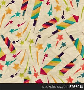 Seamless pattern with fireworks on crumpled paper.