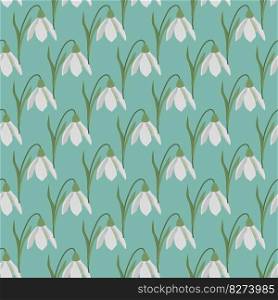 Seamless pattern with first spring flowers and snowdrops. Flowers on a blue background. Vector illustration.. Seamless pattern with spring flowers and snowdrops