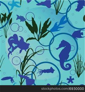 Seamless pattern with fish and sea animals. Vector illustration