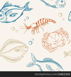 seamless pattern with fish, crab and shrimp