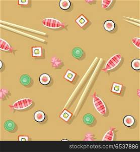 Seamless Pattern with Fish, Wasabi, Sushi, Sticks. Seamless pattern with salmon fish, wasabi, sushi, sticks. Endless texture with Chinese food. Organic natural food. Consumption of high quality nourishment food. Flat style design. Vector illustration