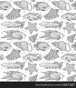 Seamless pattern with fishes and shells.Coloring page for children and adult. Vector illustration.. pattern with fishes and shells.