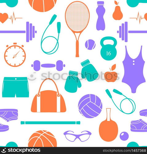 Seamless pattern with fitness equipment on white background.Vector illustration.