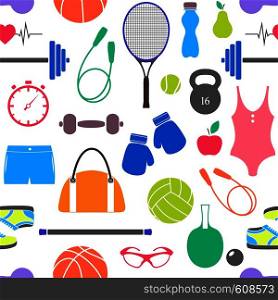 Seamless pattern with fitness equipment on white background.Vector illustration.. pattern with fitness equipment