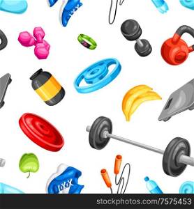 Seamless pattern with fitness equipment. Sport bodybuilding items illustration. Healthy lifestyle background.. Seamless pattern with fitness equipment.