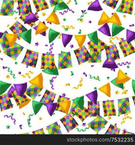 Seamless pattern with flags in Mardi Gras colors. Carnival background for traditional holiday or festival.. Seamless pattern with flags in Mardi Gras colors.