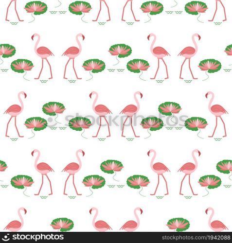 Seamless pattern with flamingo, flowers and leaves water lilies. Tropical exotic bird background. Design for poster or print.