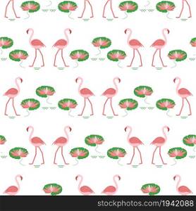 Seamless pattern with flamingo, flowers and leaves water lilies. Tropical exotic bird background. Design for poster or print.