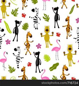 Seamless pattern with flamingo, giraffe, zebra, tiger, panther and palm trees. Wildlife. Jungle.