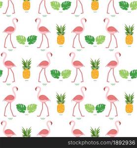 Seamless pattern with flamingo, monstera leaves, pineapples. Tropical exotic background. Design for banner, poster, textile, print.