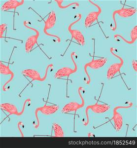 Seamless pattern with flamingo on blue background