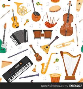 Seamless pattern with flat musical orchestra instruments and notes. Strings, percussion and wind instrument. Cartoon music vector background. Classical equipment as saxophone, trumpet for festival. Seamless pattern with flat musical orchestra instruments and notes. Strings, percussion and wind instrument. Cartoon music vector background