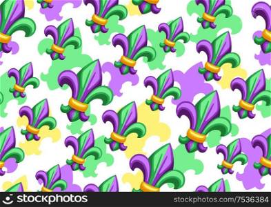 Seamless pattern with fleur de lis in Mardi Gras colors. Carnival background for traditional holiday or festival.. Seamless pattern with fleur de lis in Mardi Gras colors.