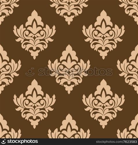 Seamless pattern with floral arabesques in repeat rows in brown and beige in square format for textile design
