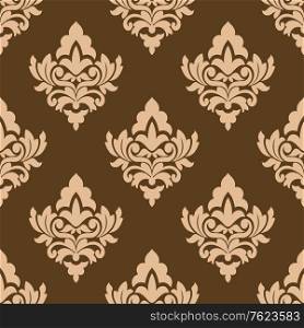 Seamless pattern with floral arabesques in repeat rows in brown and beige in square format for textile design