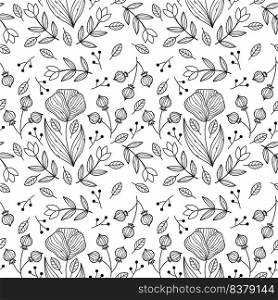 Seamless pattern with floral ornament. Flowers and twigs on white background. Wallpaper for sewing clothes and printing on fabric.