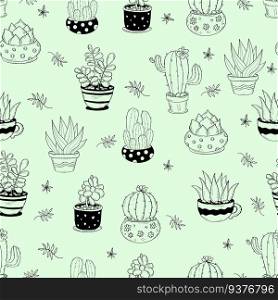 Seamless pattern with flowerpots cactus on light green background. Vector illustration. Botanical endless background with exotic potted flowers cacti in doodle style