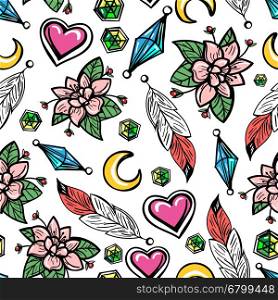 Seamless pattern with flowers and feathers. Colorful boho seamless pattern background with flowers hearts moons and diamonds. Vector illustration