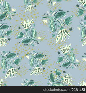 Seamless pattern with flowers and leaves. Abstract floral wallpaper. Folk style. Naive art. Design for fabric, textile print, surface, wrapping, cover, greeting card. Vector illustration. Seamless pattern with flowers and leaves.