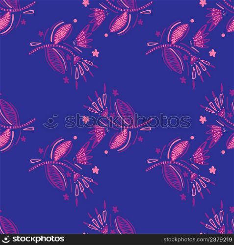 Seamless pattern with flowers and leaves. Abstract floral wallpaper. Folk style. Naive art. Design for fabric, textile print, surface, wrapping, cover, greeting card. Vector illustration. Seamless pattern with flowers and leaves.