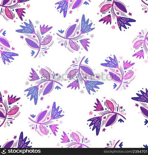 Seamless pattern with flowers and leaves. Abstract floral wallpaper. Folk style. Naive art. Design for fabric, textile print, surface, wrapping, cover, greeting card. Vector illustration. Seamless pattern with flowers and leaves.