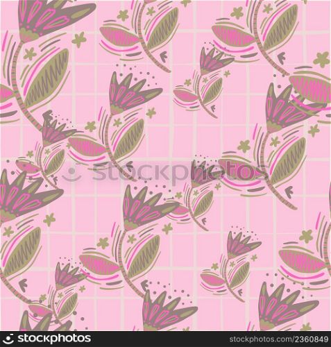 Seamless pattern with flowers and leaves in folk style. Naive art. Abstract floral wallpaper. Design for fabric, textile print, surface, wrapping, cover, greeting card. Vector illustration. Seamless pattern with flowers and leaves in folk style. Naive art. Abstract floral wallpaper