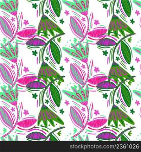 Seamless pattern with flowers and leaves in folk style. Naive art. Abstract floral wallpaper. Design for fabric, textile print, surface, wrapping, cover, greeting card. Vector illustration. Seamless pattern with flowers and leaves in folk style. Naive art. Abstract floral wallpaper