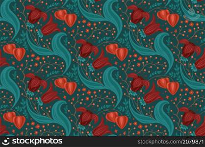 Seamless pattern with flowers, berries on twigs and physalis. Floral ornament on blue background. Vector natural texture with bouquets with hand drawn decoration for fabrics and wallpapers. Seamless pattern with flowers, berries on twigs and physalis. Floral ornament on blue background. Vector natural texture with bouquets with hand drawn decoration
