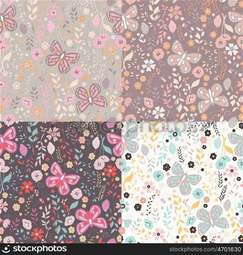 Seamless pattern with flowers, floral elements and butterflies, nature life, vector illustration