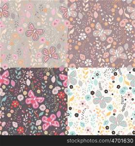 Seamless pattern with flowers, floral elements and butterflies, nature life, vector illustration