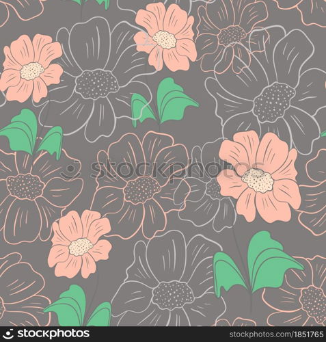 Seamless pattern with flowers hand drawing, vector illustration. Continuous botanical background. Flowers outlines, abstract design.. Seamless pattern with flowers hand drawing, vector illustration.
