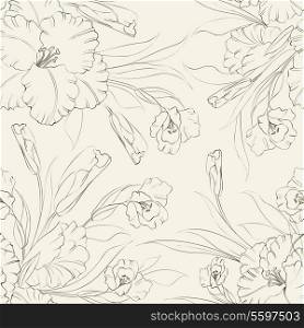 Seamless pattern with flowers of iris in vintage style. Vector illustration.