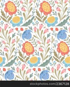 Seamless pattern with flowers with folk arts on white background. Vector botany texture with hand drawn floral ornaments with naive decorations. Tender natural fabric swatch with stems and leaves. Seamless pattern with flowers with folk arts on white background. Vector botany texture with hand drawn floral ornaments