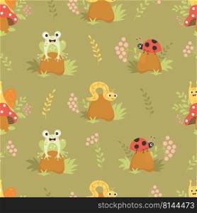 Seamless pattern with forest insects. Cute snail on fly agaric mushroom, lucky frog, worm and ladybug on stone in grass on green background. Vector illustration. Kids collection with forest characters
