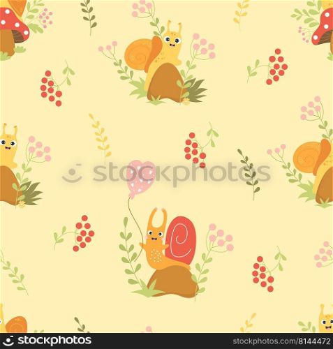 Seamless pattern with forest snails. Cute clam on mushroom and happy snail on stone with balloon in grass on light beige background. Vector illustration. Kids pattern collection with forest insect
