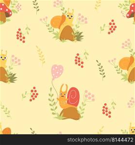 Seamless pattern with forest snails. Cute clam on mushroom and happy snail on stone with balloon in grass on light beige background. Vector illustration. Kids pattern collection with forest insect