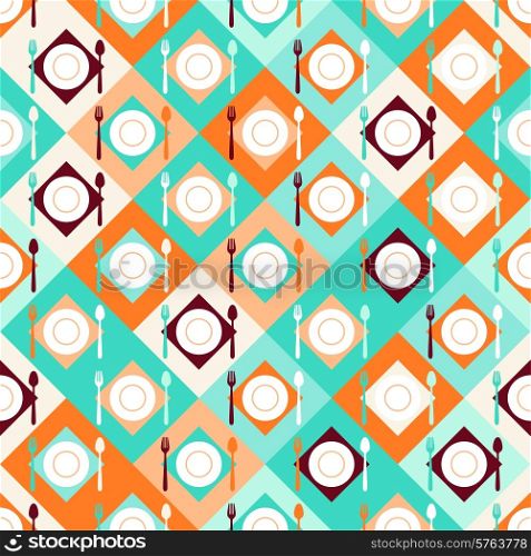 Seamless pattern with forks, spoons and plates in retro style.