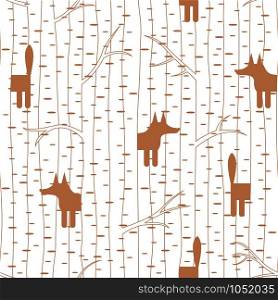 Seamless pattern with fox in birch forest. Vector illustration. Seamless pattern with fox in forest