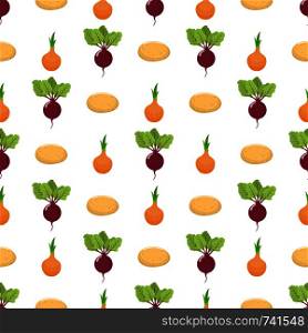 Seamless pattern with fresh beet, onion and potato vegetables. Organic food. Cartoon style. Vector illustration for design, web, wrapping paper, fabric, wallpaper.