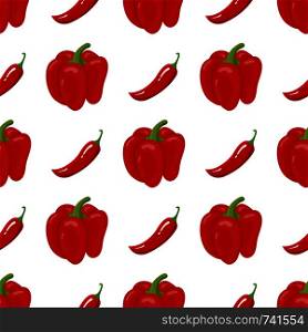 Seamless pattern with fresh bell pepper and chilli pepper vegetables. Organic food. Cartoon style. Vector illustration for design, web, wrapping paper, fabric, wallpaper.