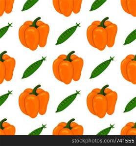 Seamless pattern with fresh bell pepper and pea vegetables. Organic food. Cartoon style. Vector illustration for design, web, wrapping paper, fabric, wallpaper.