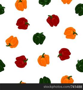 Seamless Pattern with Fresh Bell Pepper Vegetables on white background. Green, Yellow, Red Pepper. Cartoon Flat Style. Vector illustration for Your Design, Web, Wrapping Paper, Fabric, Wallpaper.