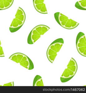 Seamless pattern with fresh bright exotic cut slice lime fruit on white background. Summer fruits for healthy lifestyle. Organic fruit. Cartoon style. Vector illustration for any design.