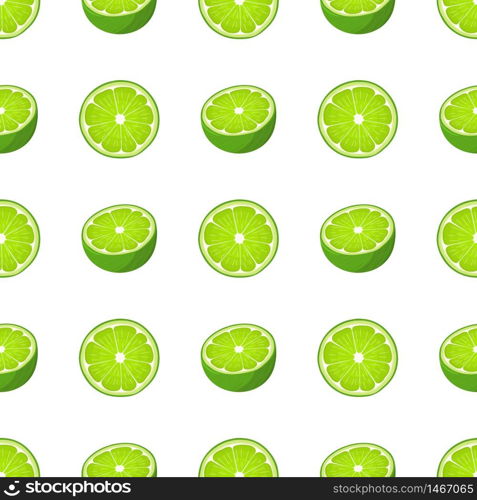 Seamless pattern with fresh bright exotic half and cut slice lime fruit on white background. Summer fruits for healthy lifestyle. Organic fruit. Cartoon style. Vector illustration for any design.