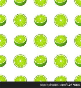 Seamless pattern with fresh bright exotic half and cut slice lime fruit on white background. Summer fruits for healthy lifestyle. Organic fruit. Cartoon style. Vector illustration for any design.