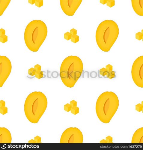 Seamless pattern with fresh bright exotic half and sliced mango isolated on white background. Summer fruits for healthy lifestyle. Organic fruit. Cartoon style. Vector illustration for any design. Seamless pattern with fresh bright exotic half and sliced mango isolated on white background. Summer fruits for healthy lifestyle. Organic fruit. Cartoon style. Vector illustration for any design.