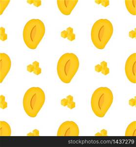 Seamless pattern with fresh bright exotic half and sliced mango isolated on white background. Summer fruits for healthy lifestyle. Organic fruit. Cartoon style. Vector illustration for any design. Seamless pattern with fresh bright exotic half and sliced mango isolated on white background. Summer fruits for healthy lifestyle. Organic fruit. Cartoon style. Vector illustration for any design.