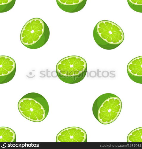 Seamless pattern with fresh bright exotic half lime fruit on white background. Summer fruits for healthy lifestyle. Organic fruit. Cartoon style. Vector illustration for any design.