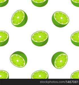 Seamless pattern with fresh bright exotic half lime fruit on white background. Summer fruits for healthy lifestyle. Organic fruit. Cartoon style. Vector illustration for any design.
