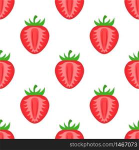 Seamless pattern with fresh bright exotic half strawberries on white background. Summer fruits for healthy lifestyle. Organic fruit. Cartoon style. Vector illustration for any design.